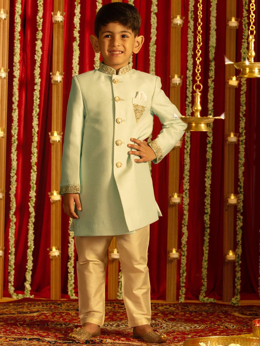 

VASTRAMAY Boys Self Designed Sherwani With Trousers, Blue