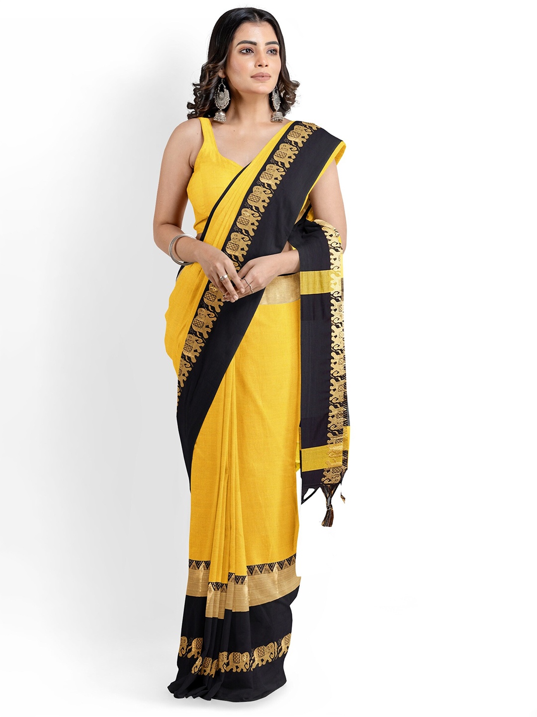 

KALINI Woven Design Border Detail Zari Banarasi Saree, Yellow
