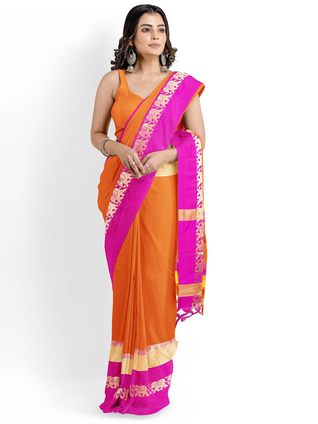 

KALINI Zari Silk Cotton Saree, Orange