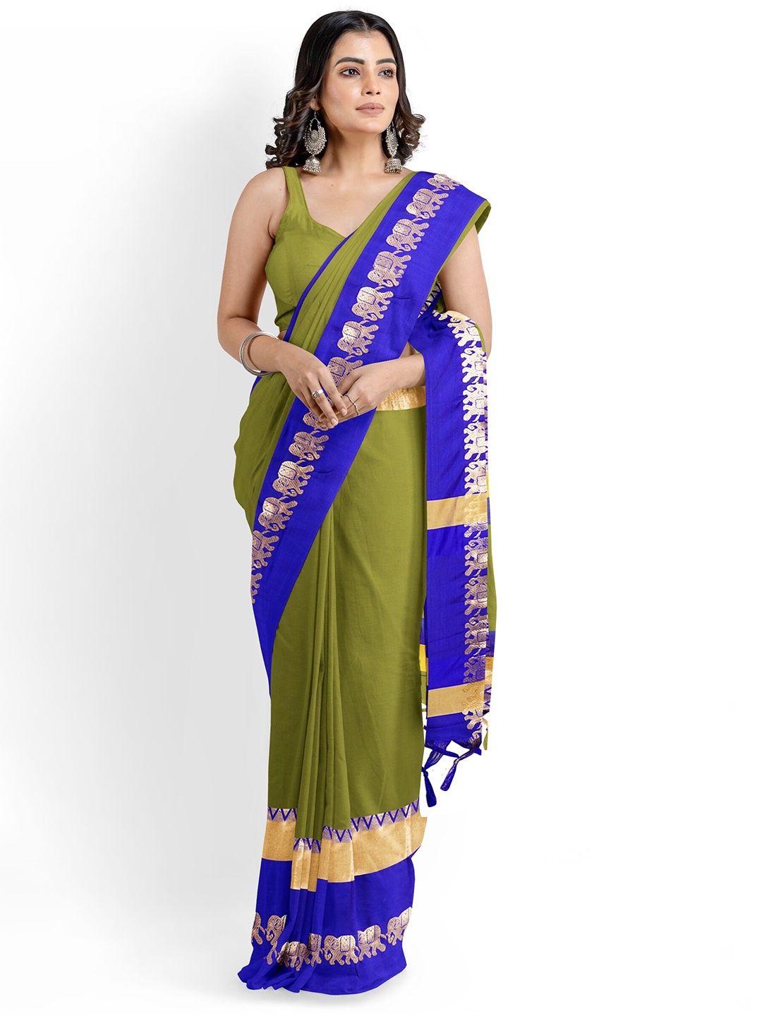 

KALINI Woven Design Border Detail Zari Banarasi Saree, Green