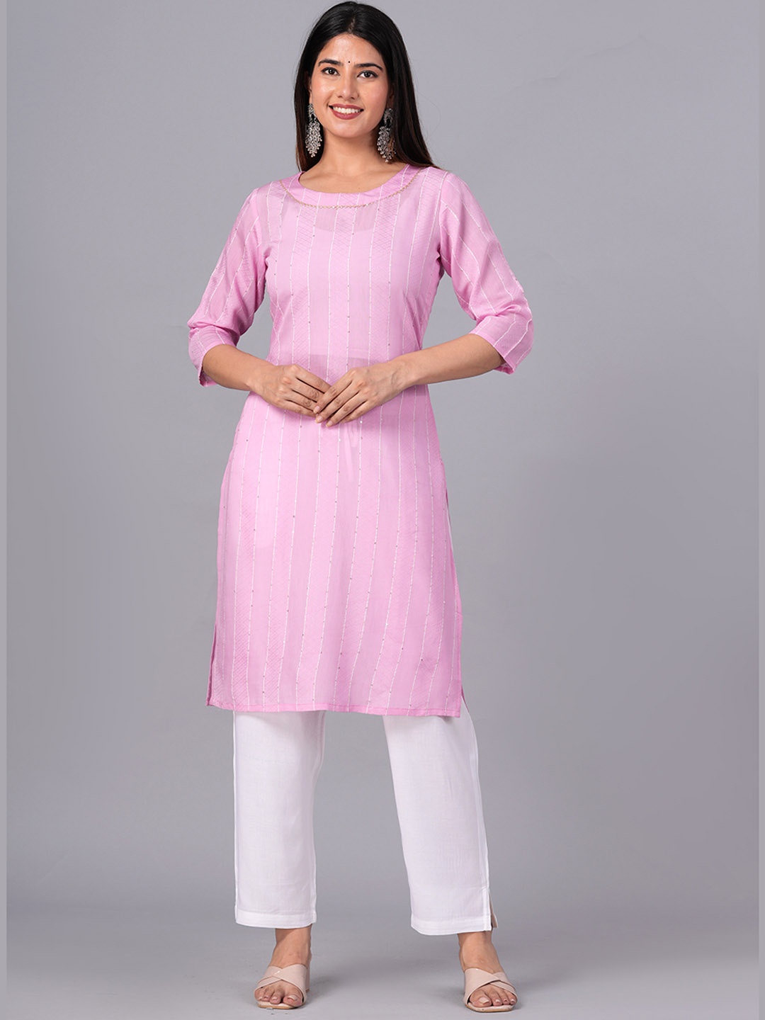 

DORIYA Geometric Embroidered Sequinned Straight Kurta, Pink