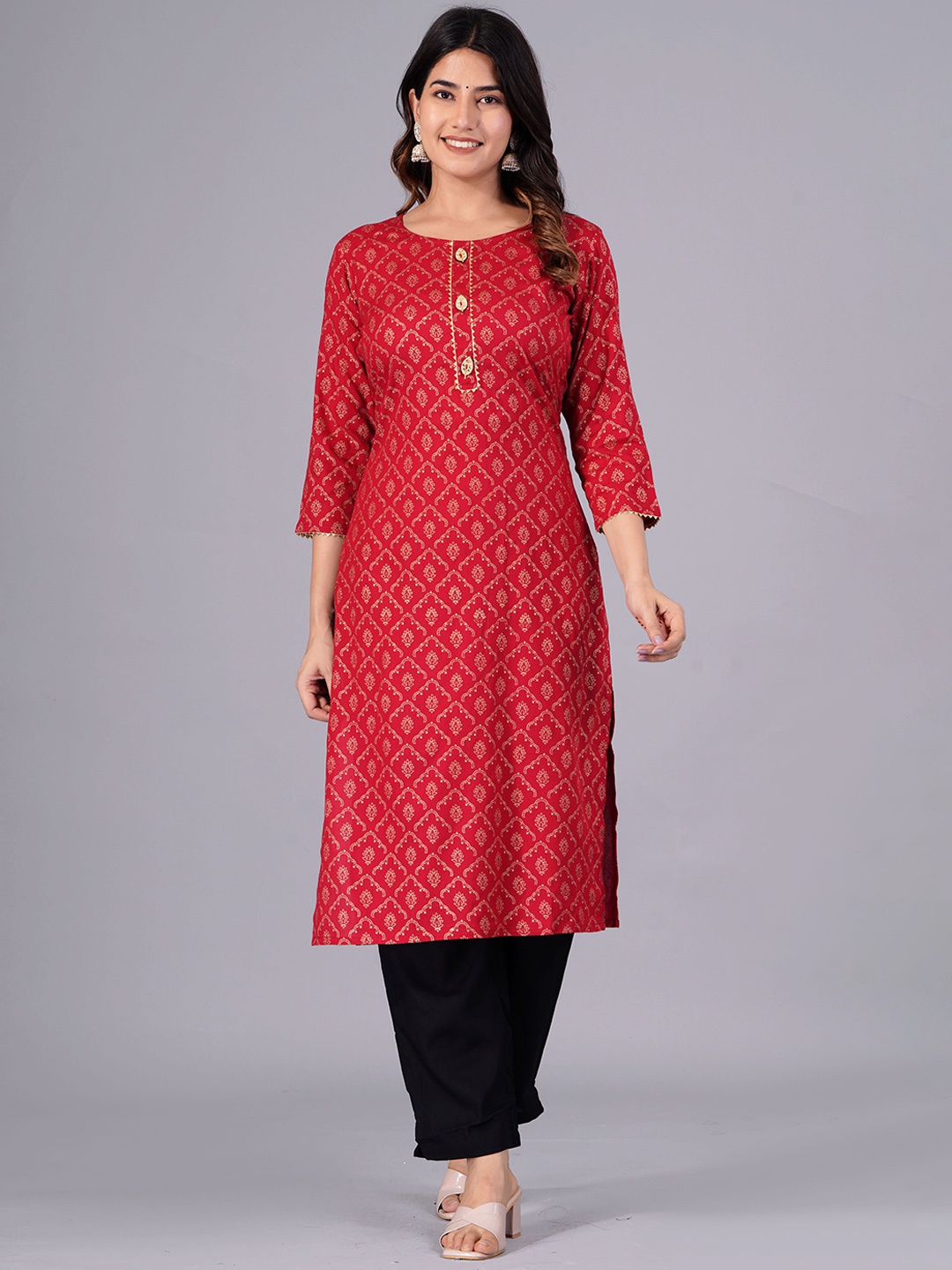 

DORIYA Ethnic Motifs Printed Straight Kurta, Red