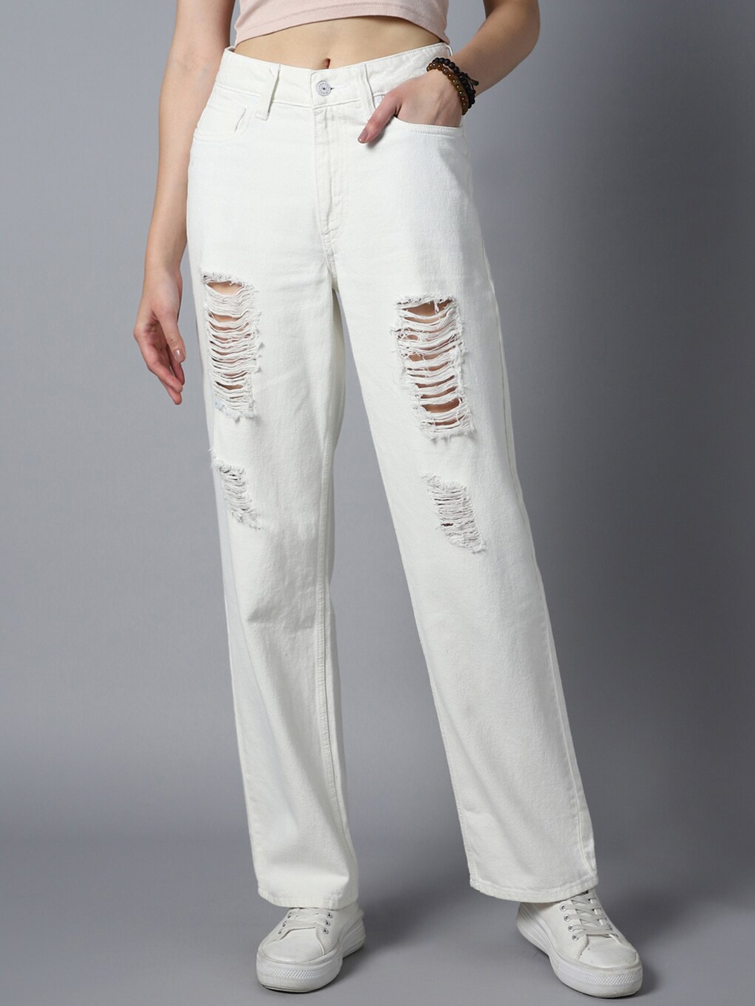

High Star Women Straight Fit High-Rise Highly Distressed Cotton Jeans, White