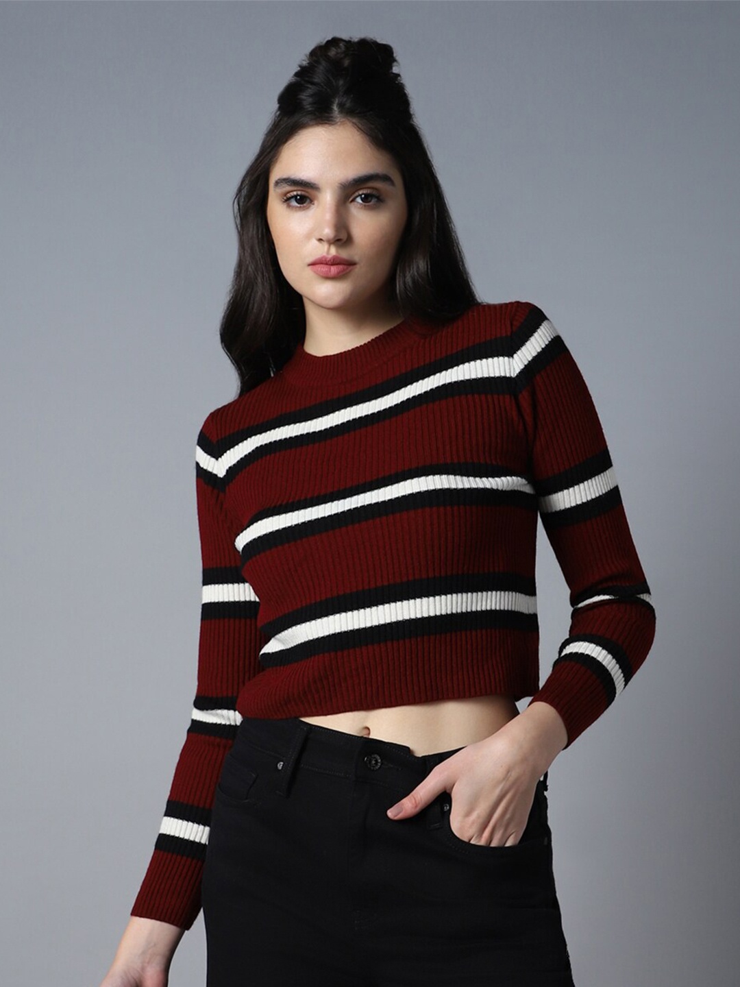 

High Star Striped Round Neck Long Sleeve Acrylic Crop Pullover Sweaters, Maroon