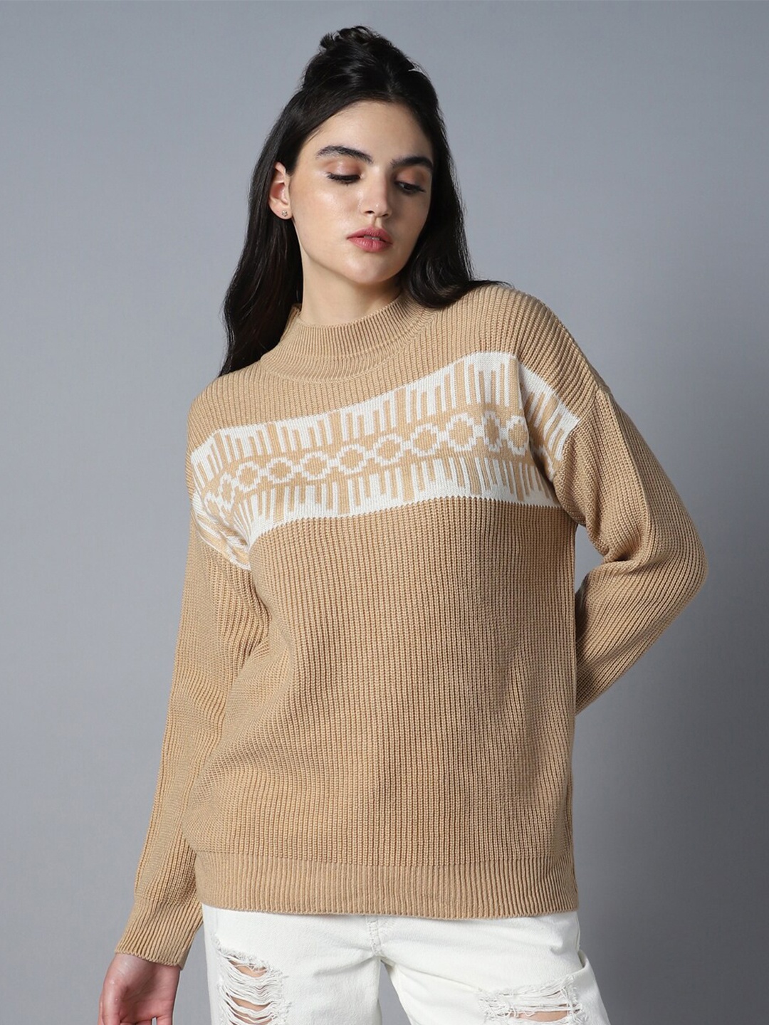 

High Star Geometric Printed Round Neck Long Sleeve Acrylic Pullover Sweaters, Beige