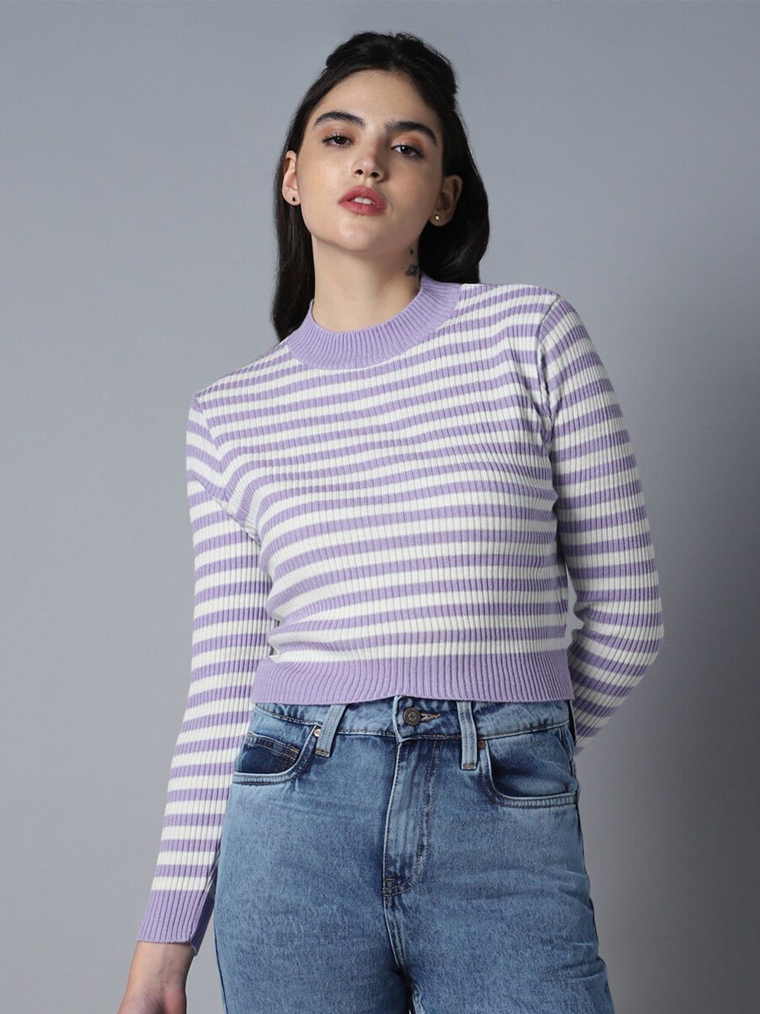 

High Star Striped Round Neck Long Sleeve Acrylic Crop Pullover Sweaters, Purple