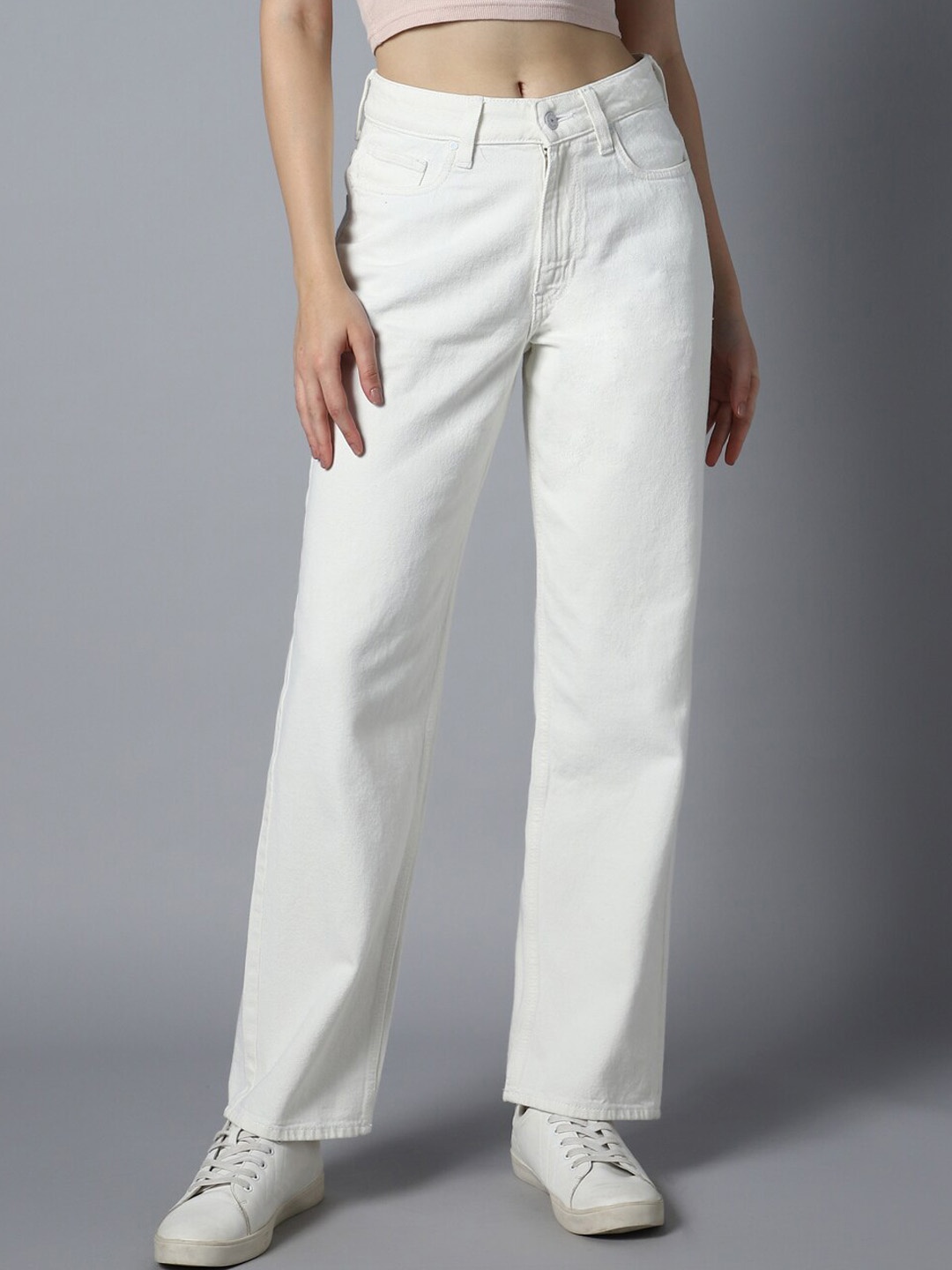 

High Star Women Dad Fit High-Rise Clean Look Cotton Jeans, White