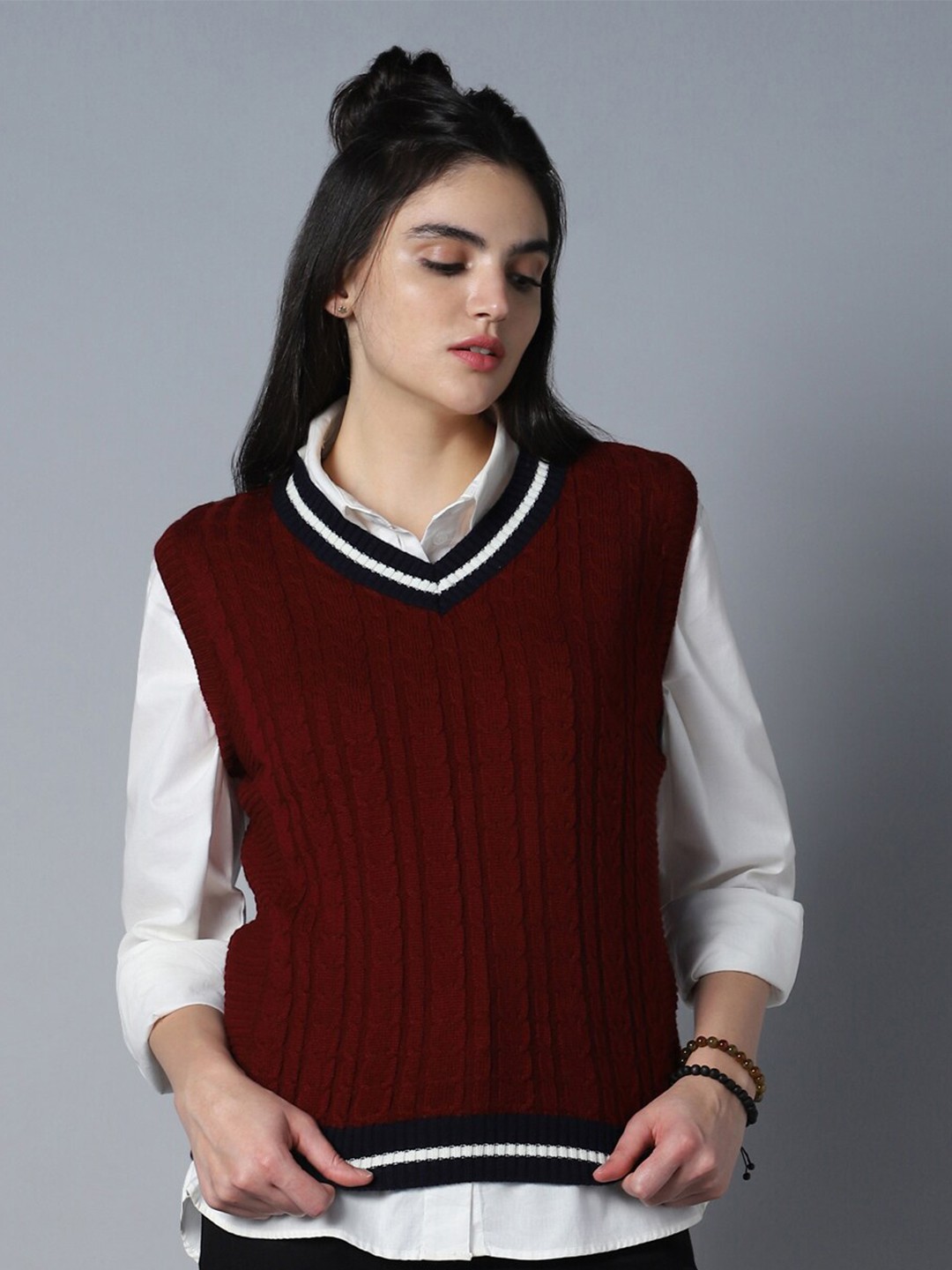 

High Star Cable Knit V-Neck Sleeveless Acrylic Sweater Vest, Maroon