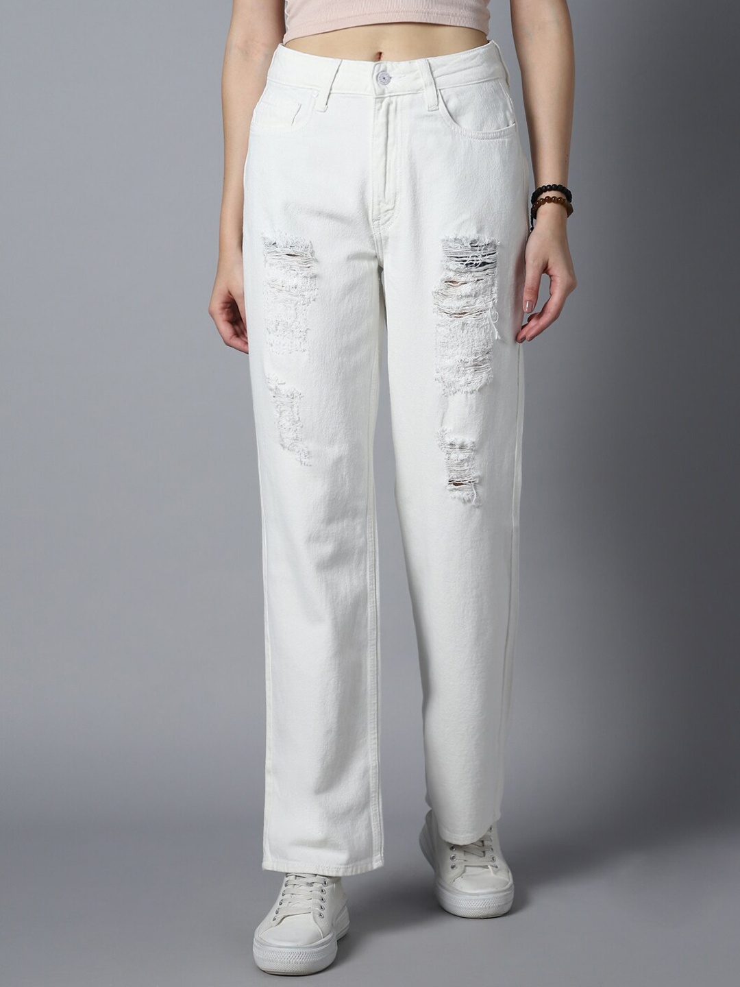 

High Star Women Dad Fit High-Rise Highly Distressed Cotton Jeans, White