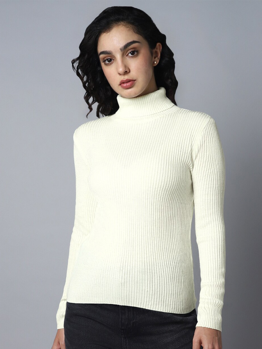 

High Star Ribbed Turtle Neck Long Sleeves Acrylic Pullover Sweaters, White