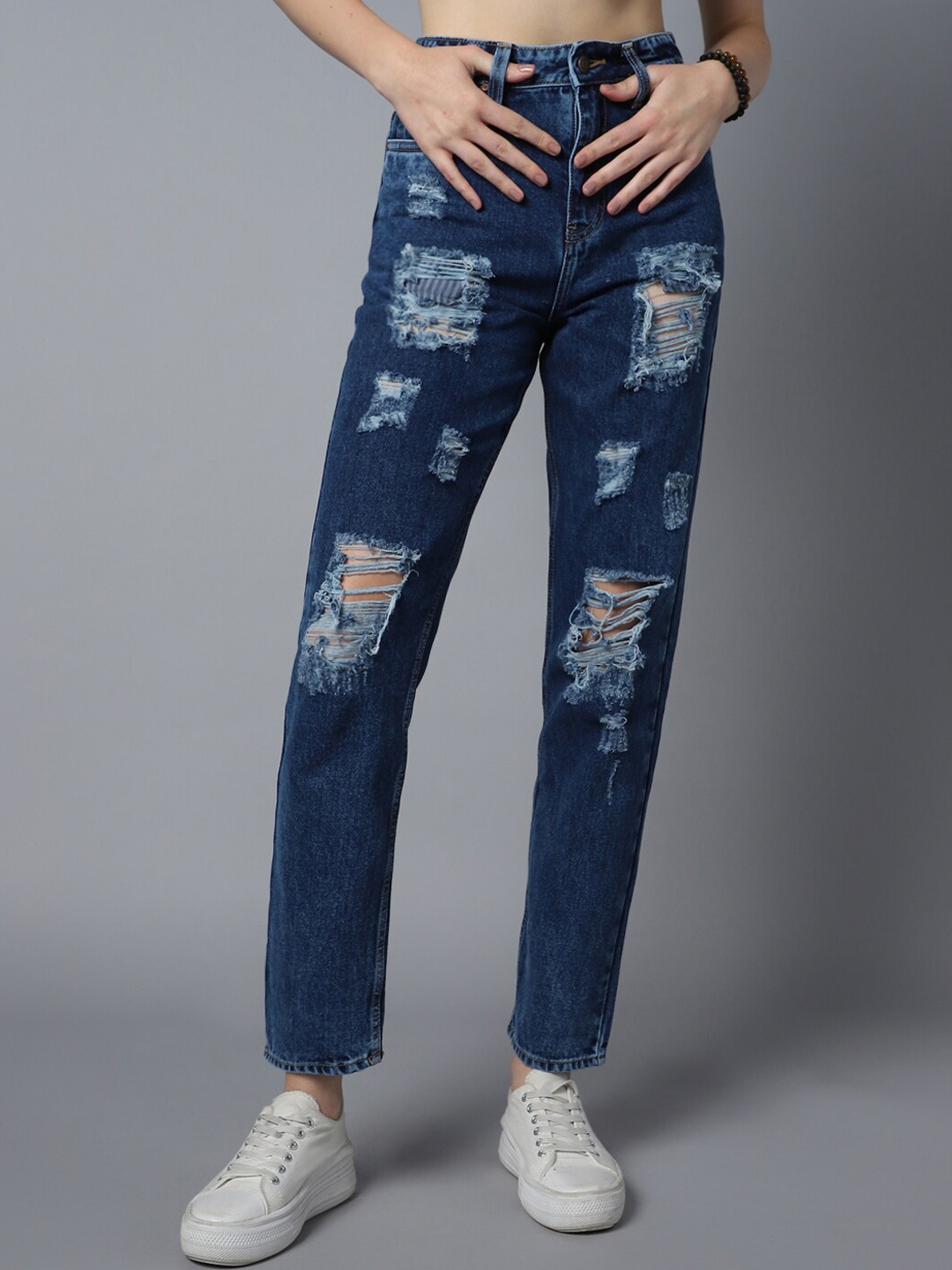 

High Star Women Dad Fit High-Rise Highly Distressed Light Fade Cotton Jeans, Blue