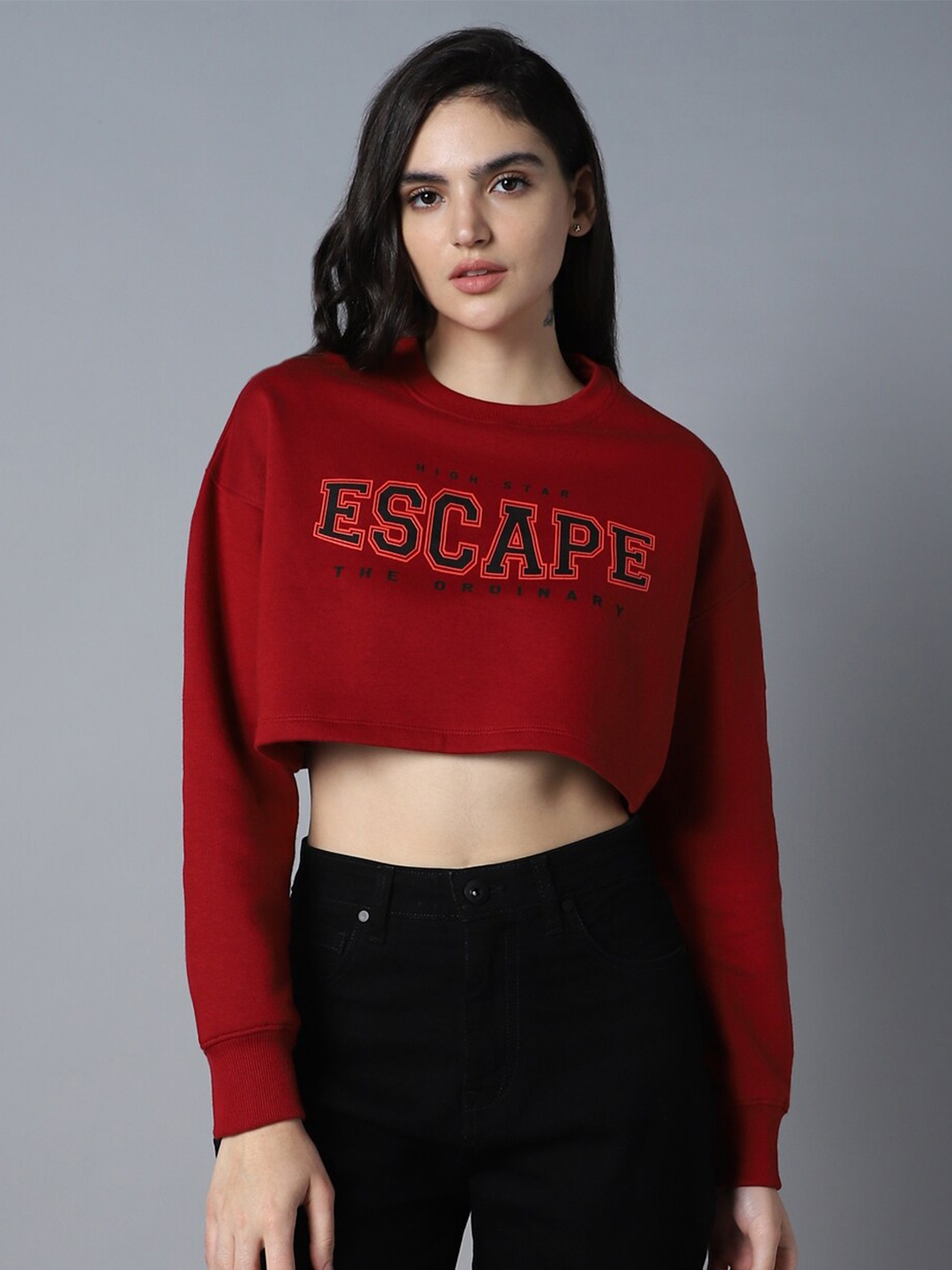 

High Star Typography Printed Round Neck Long Sleeve Crop Pullover Sweatshirt, Red