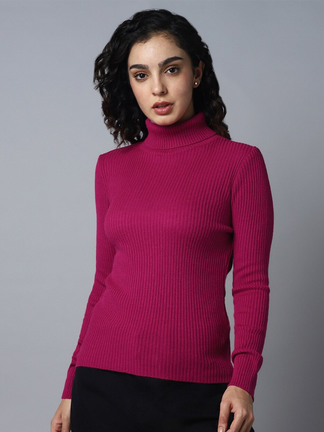 

High Star Ribbed Turtle Neck Long Sleeves Acrylic Pullover Sweaters, Pink