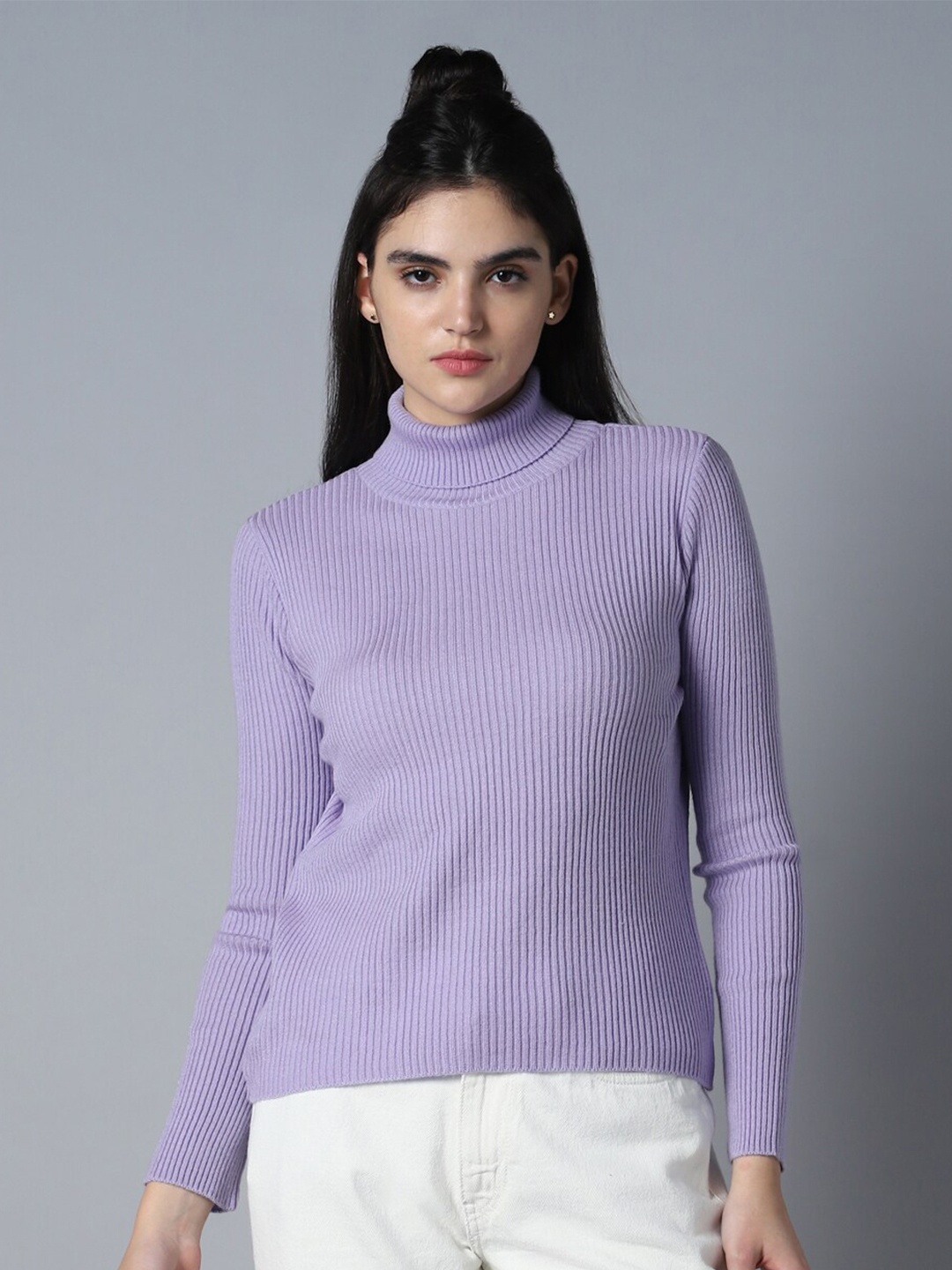 

High Star Ribbed Turtle Neck Long Sleeves Acrylic Pullover Sweaters, Lavender