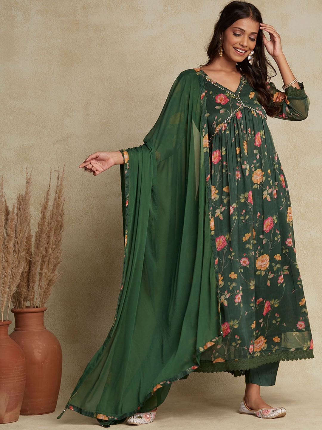 

FASHOR Green Floral Printed Beads and Stones Empire Anarkali Kurta & Trousers With Dupatta