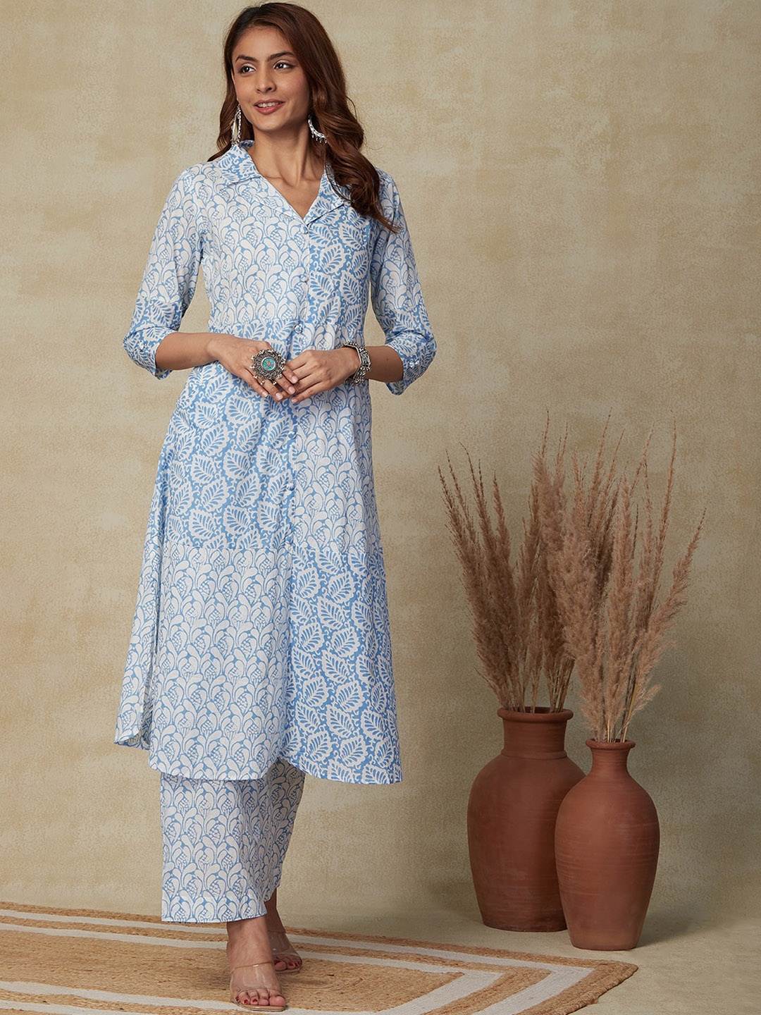 

FASHOR Blue Ethnic Motifs Printed Shirt Collar Pure Cotton Straight Kurta with Palazzos
