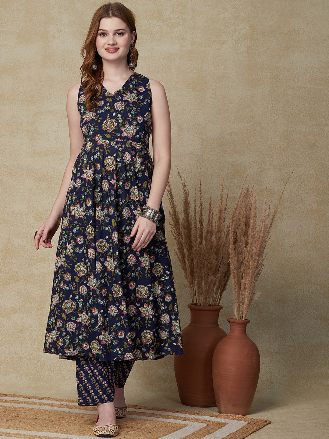 

FASHOR Blue Floral Printed V-Neck Pure Cotton Pleated A-Line Kurta with Trousers