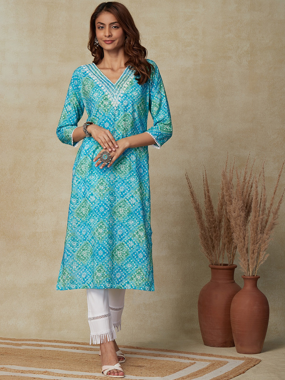 

FASHOR Ethnic Motifs Printed Thread Work Kurta, Blue
