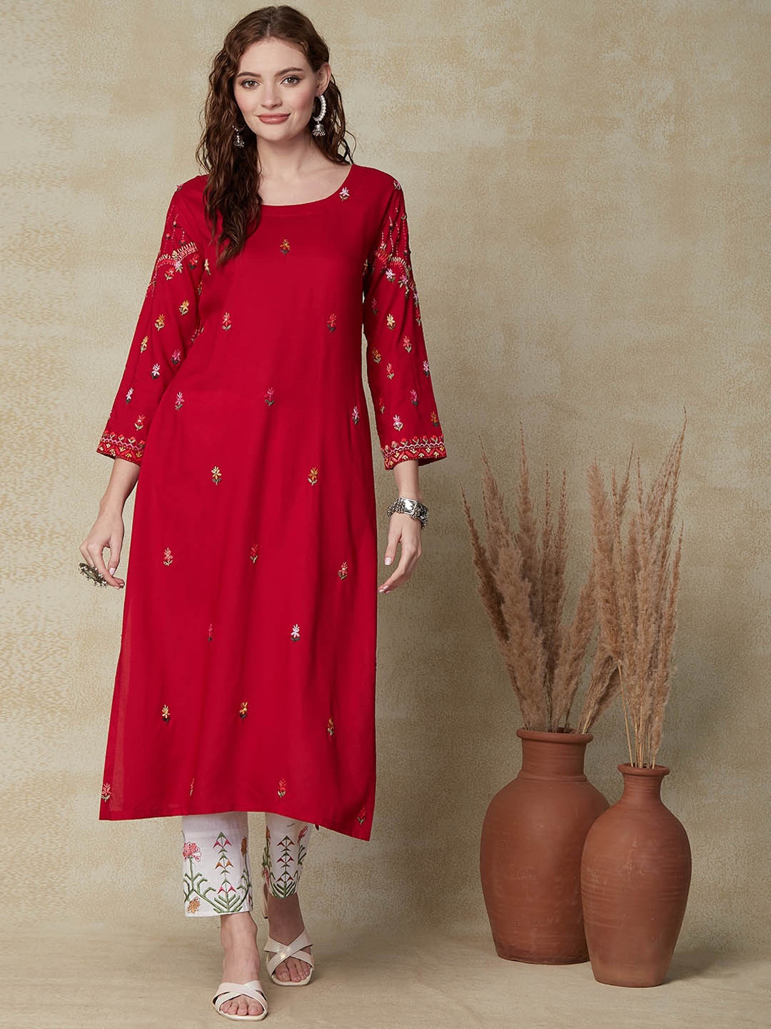 FASHOR Ethnic Motifs Embroidered Thread Work Kurta, Red