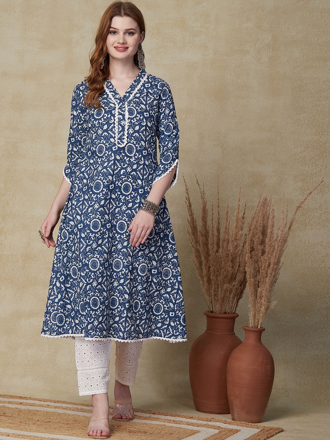

FASHOR Ethnic Motifs Printed Pure Cotton Kurta with Trousers, Blue