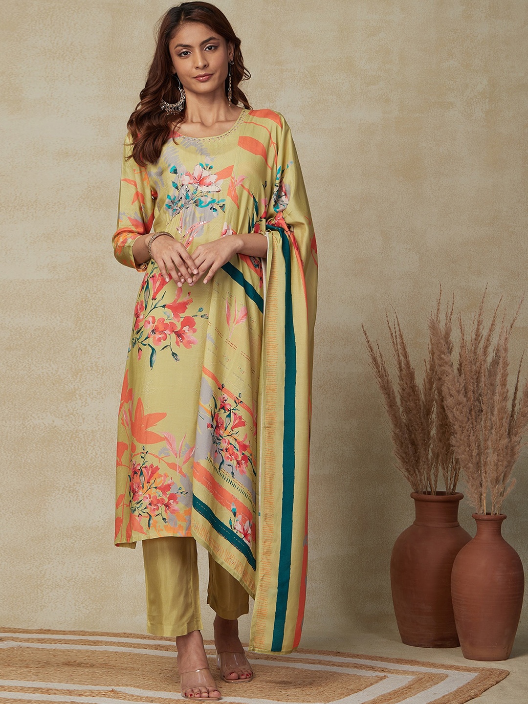 

FASHOR Floral Printed Beads and Stones Kurta with Trousers & Dupatta, Olive