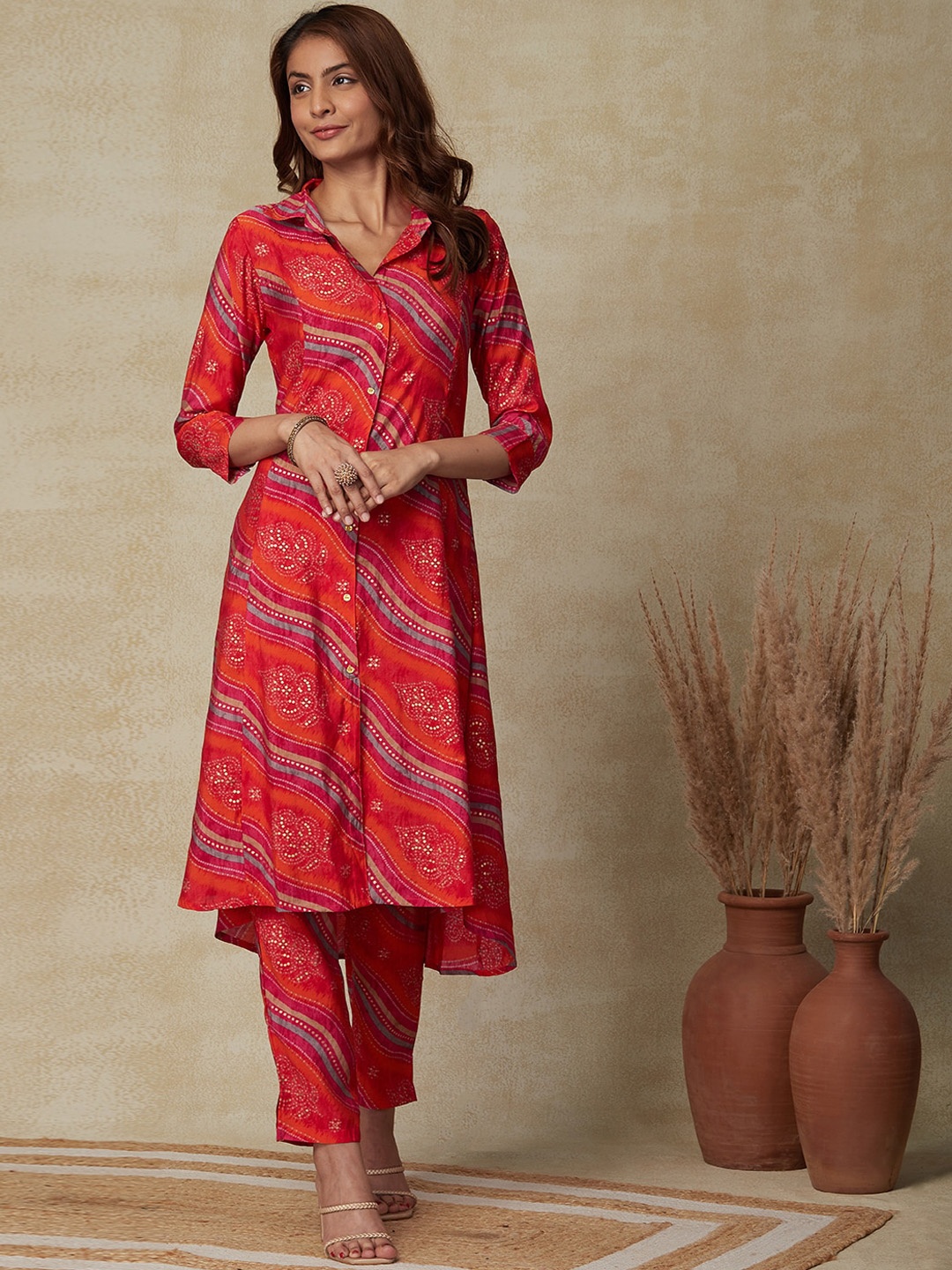 

FASHOR Bandhani Printed Shirt Collar A-Line Kurta with Trousers, Orange