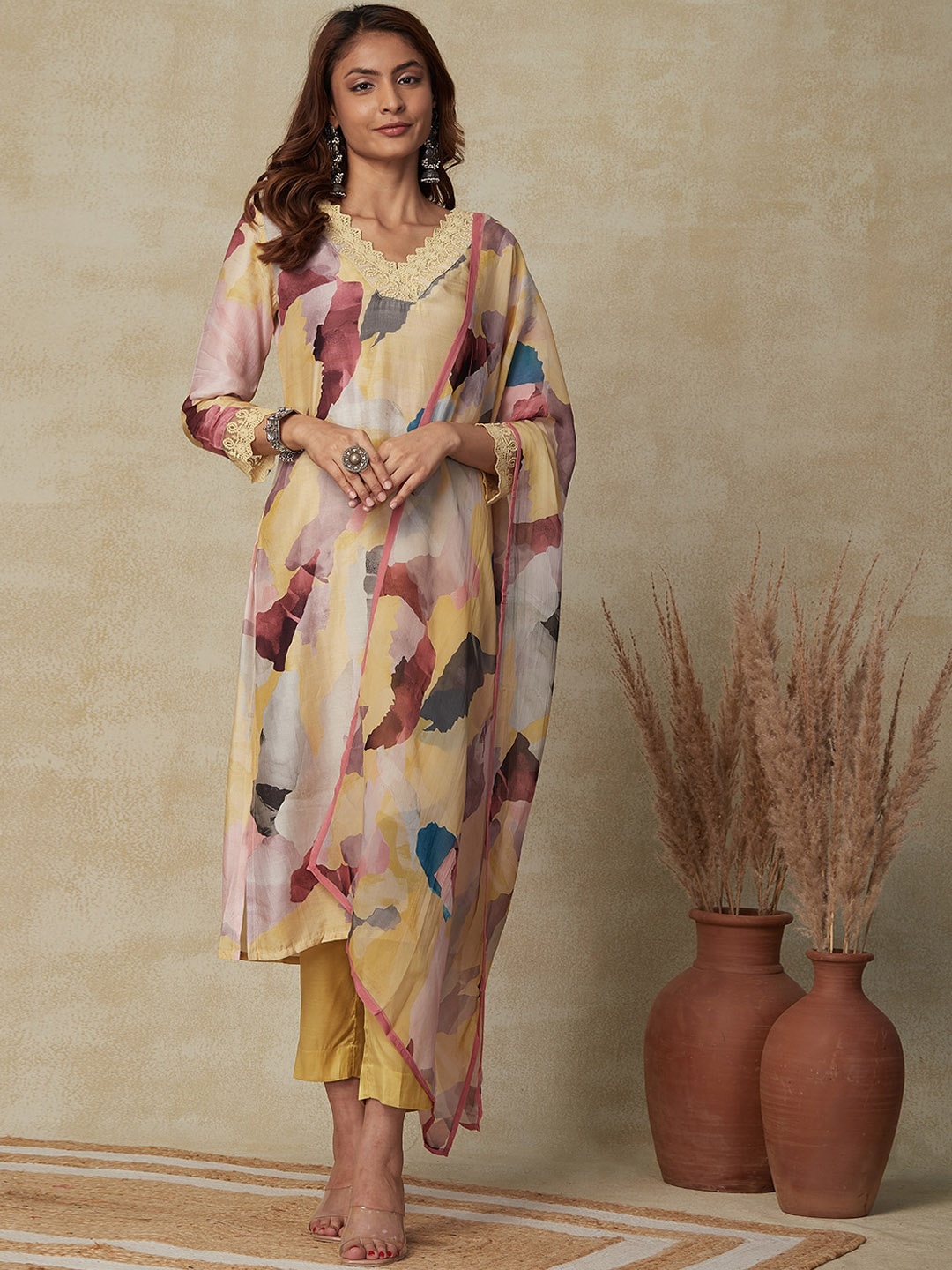 

FASHOR Yellow Abstract Printed Thread Work Straight Kurta & Trousers With Dupatta