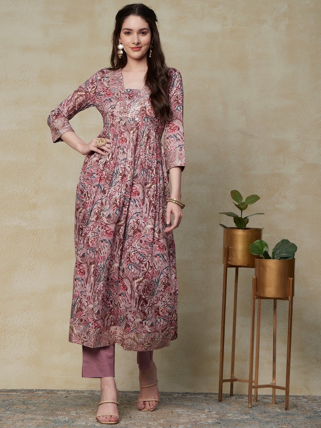 

FASHOR Mauve Ethnic Motifs Foil Printed Pleated Pure Cotton A-line Kurta with Trousers