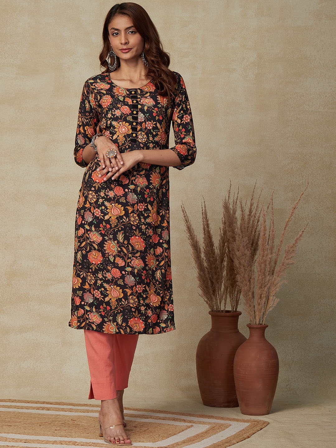 

FASHOR Floral Printed Straight Kurta, Black