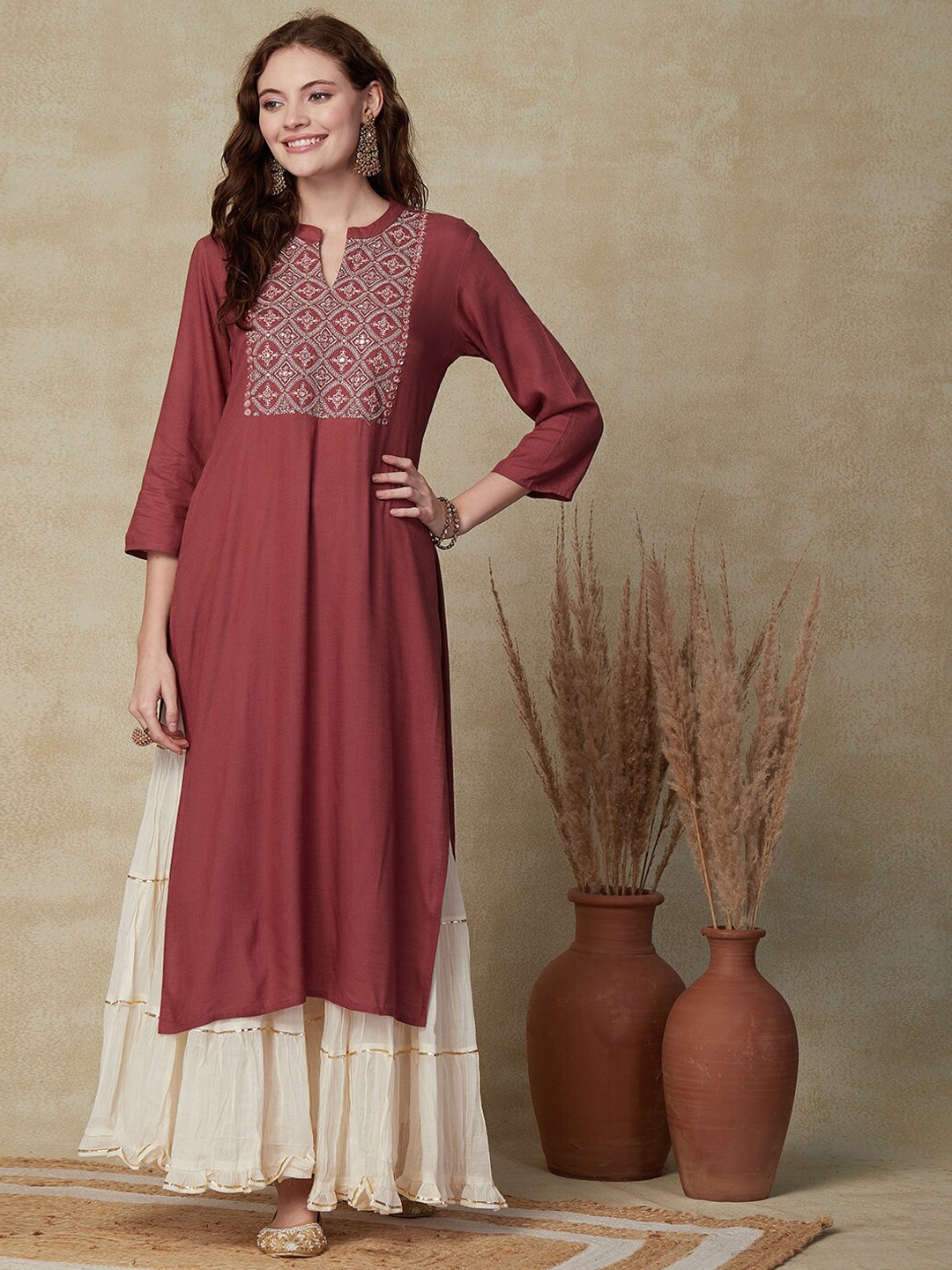 

FASHOR Ethnic Motifs Yoke Design Thread Work Straight Kurta, Rust