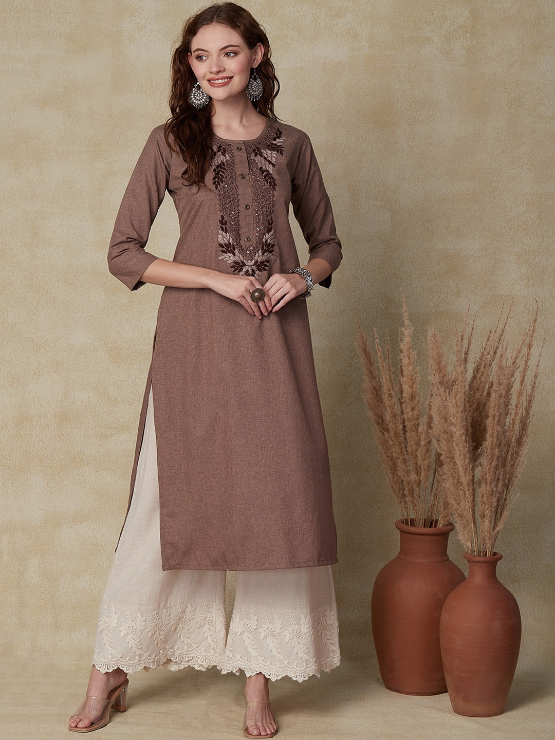 

FASHOR Floral Embroidered Straight Kurta, Brown