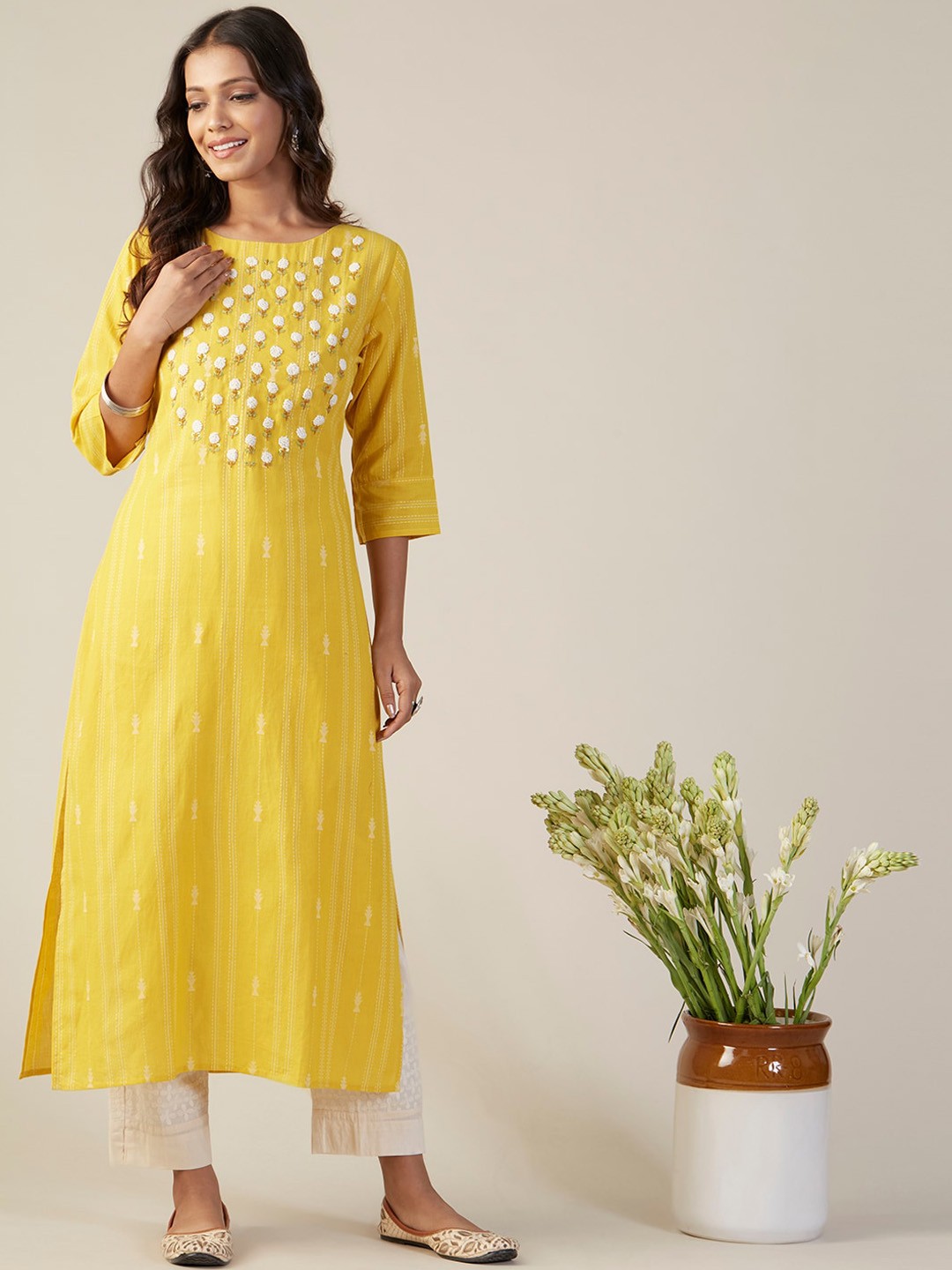 

FASHOR Yellow Striped Boat Neck Thread Work Detailed Cotton Straight Kurta
