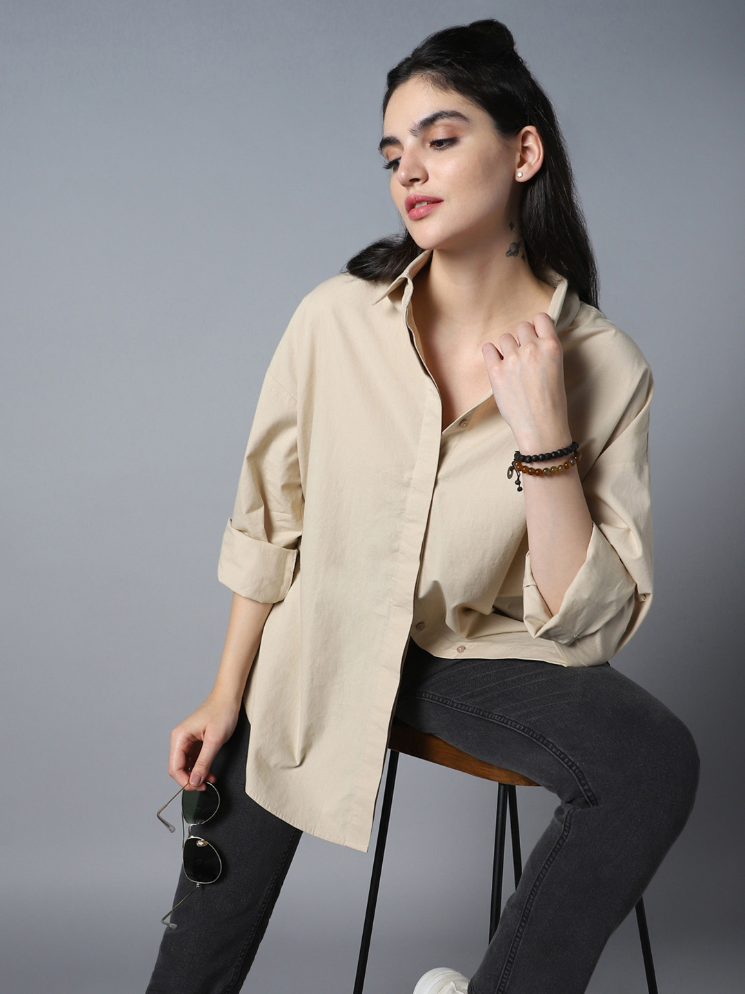 

High Star Relaxed Oversized Spread Collar Long Sleeve Cotton Longline Casual Shirt, Beige
