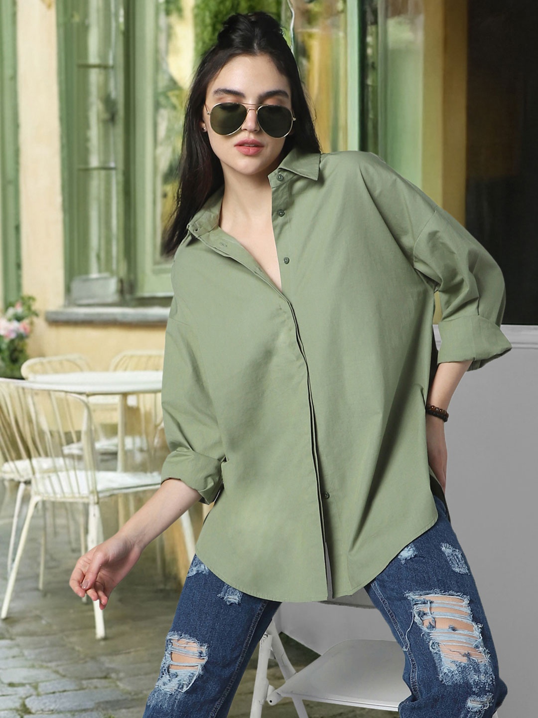

High Star Relaxed Oversized Spread Collar Long Sleeve Cotton Longline Casual Shirt, Green