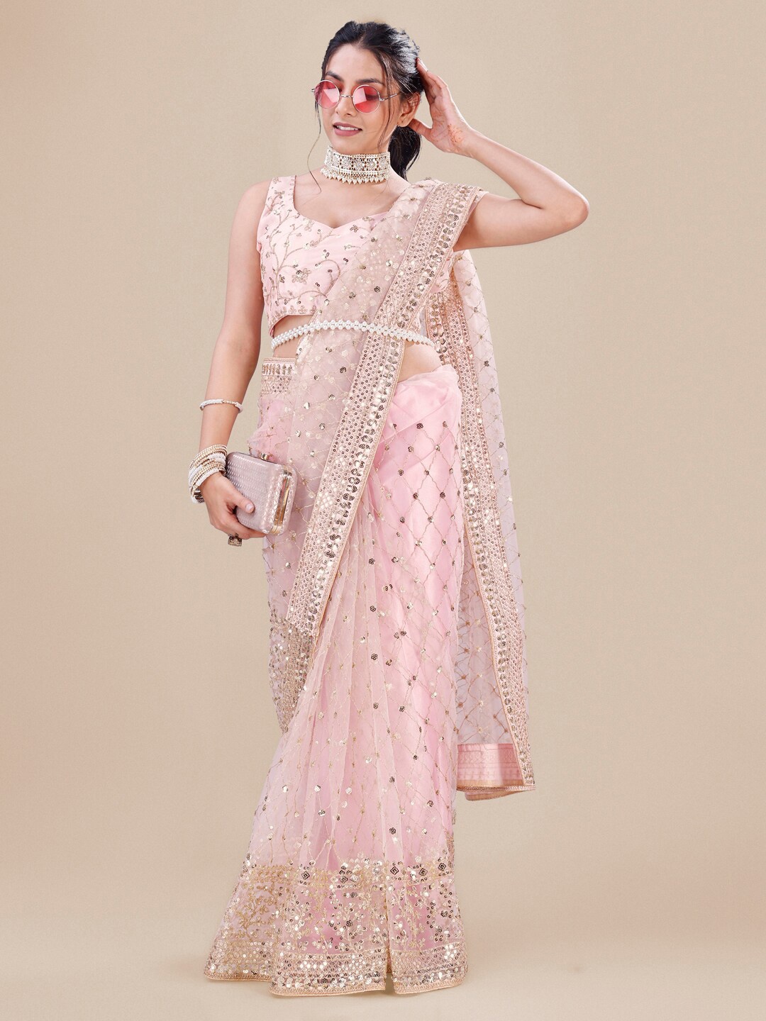 

Roykals Embellished Sequinned Net Saree, Pink