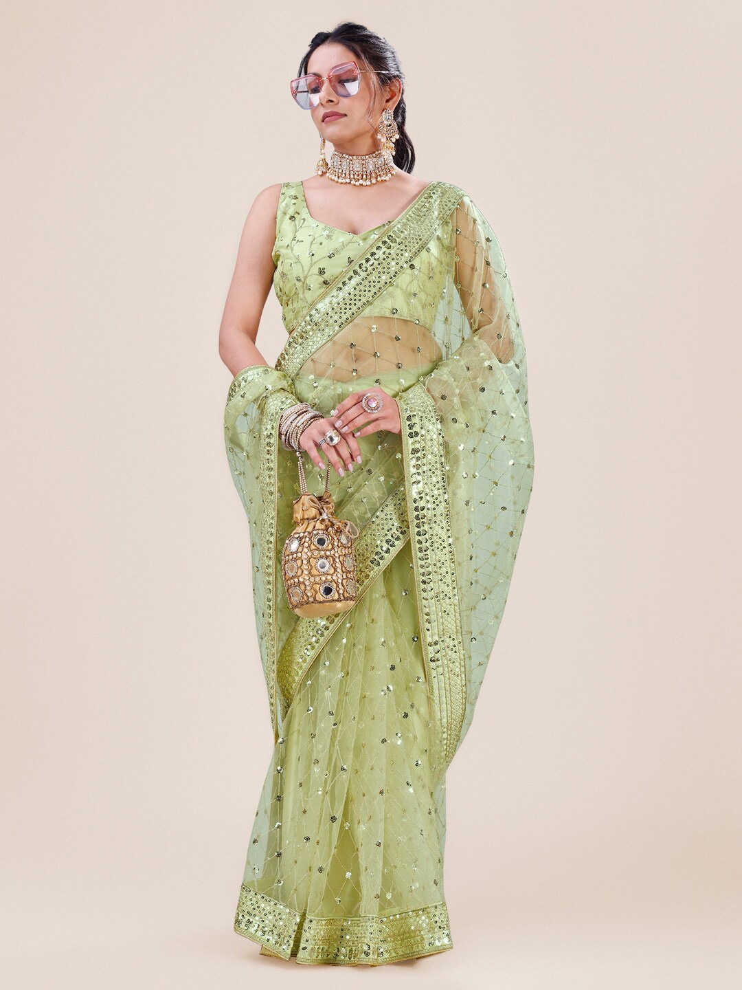 

Roykals Ethnic Motifs Embellished Sequined Net Saree, Green