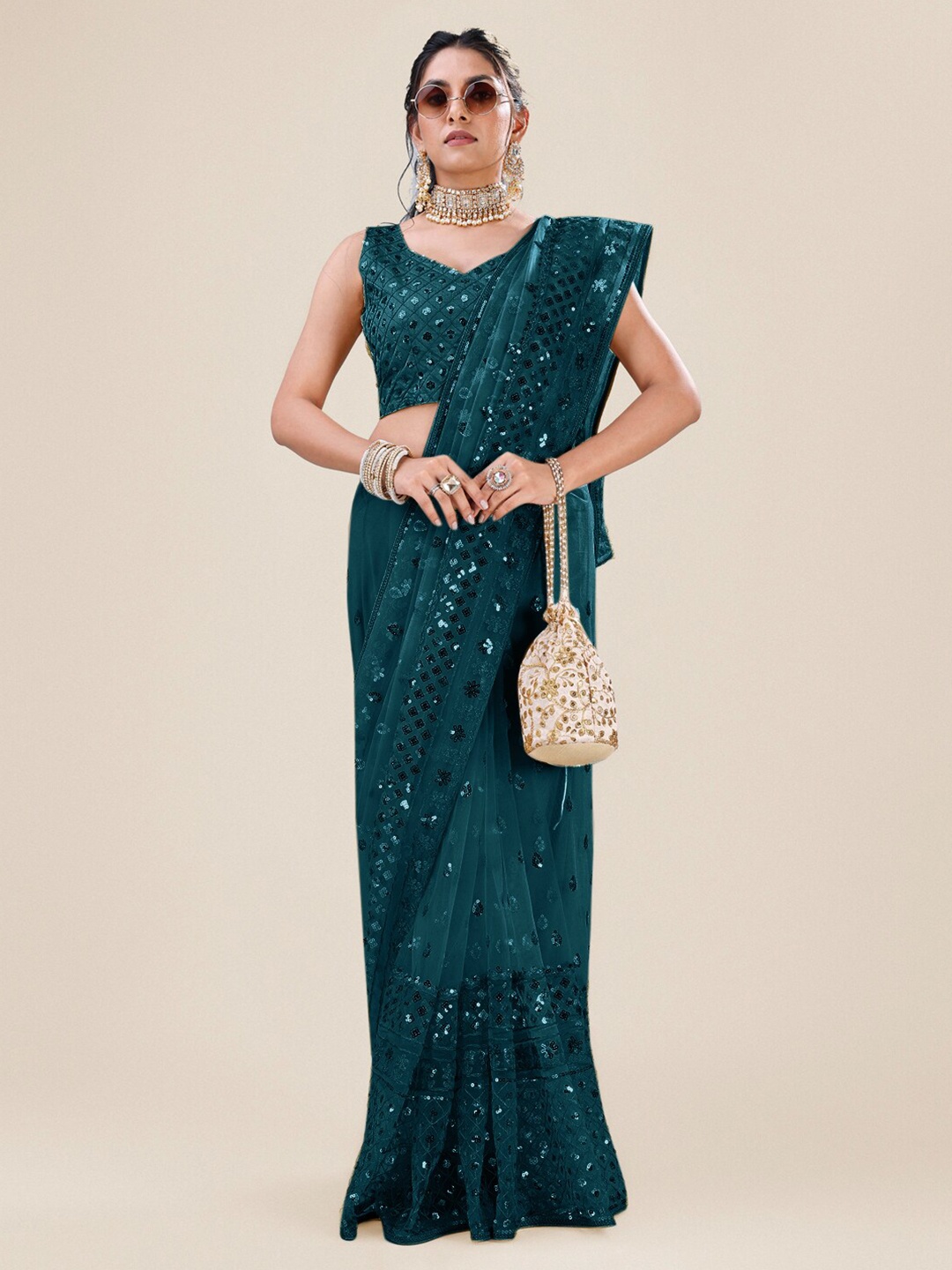 

Roykals Embellished Sequined Net Saree, Teal