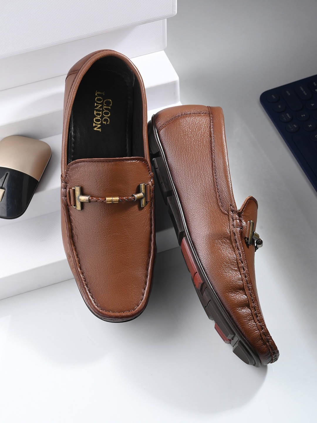 

CLOG LONDON Men Leather Square Toe Loafers, Brown