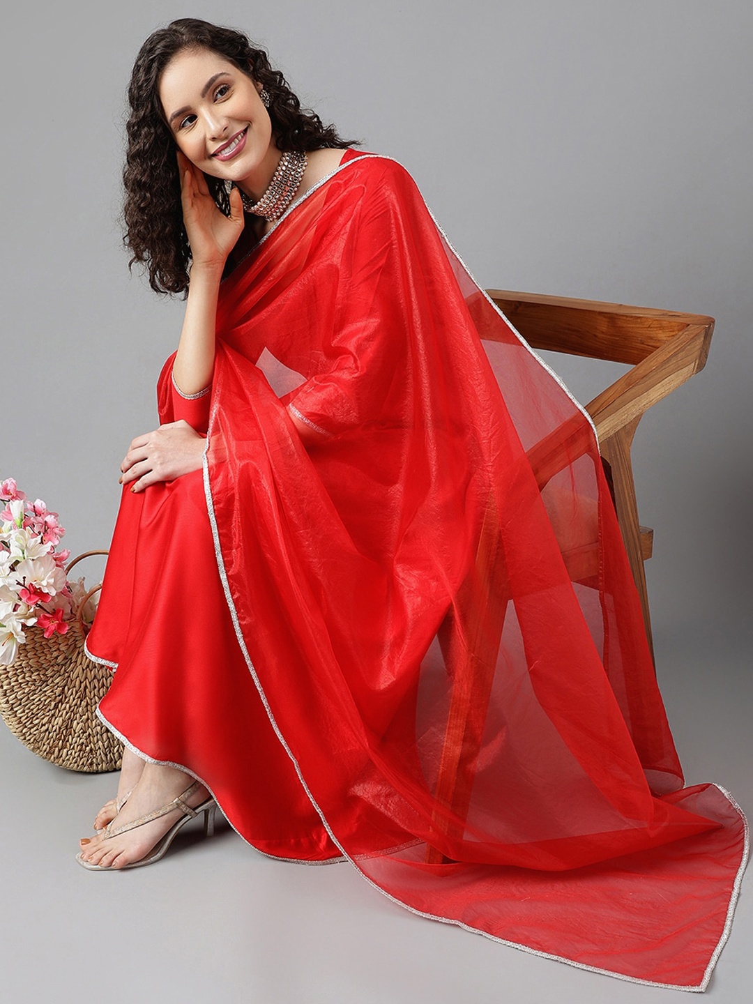 

Khushal K V-Neck Gotta Patti Anarkali Kurta With Trousers & Dupatta, Red