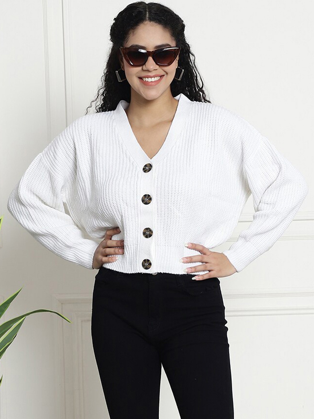 

NoBarr Ribbed Acrylic Cardigan Sweater, White