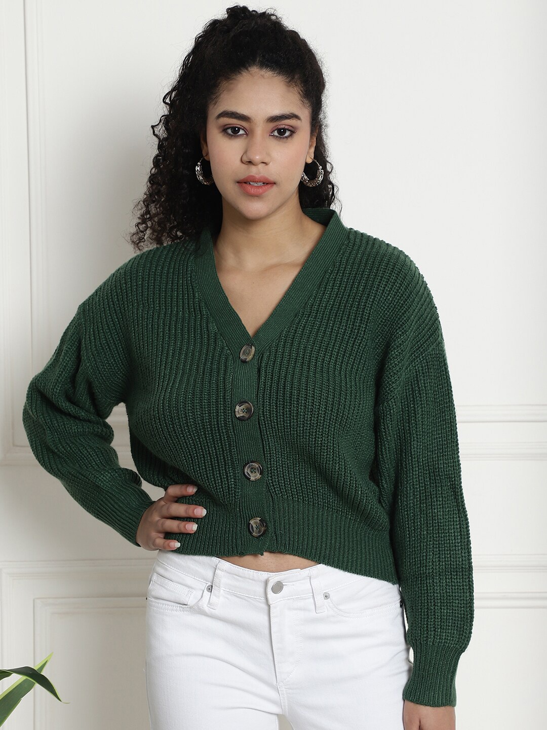 

NoBarr Ribbed Acrylic Cardigan Sweater, Green