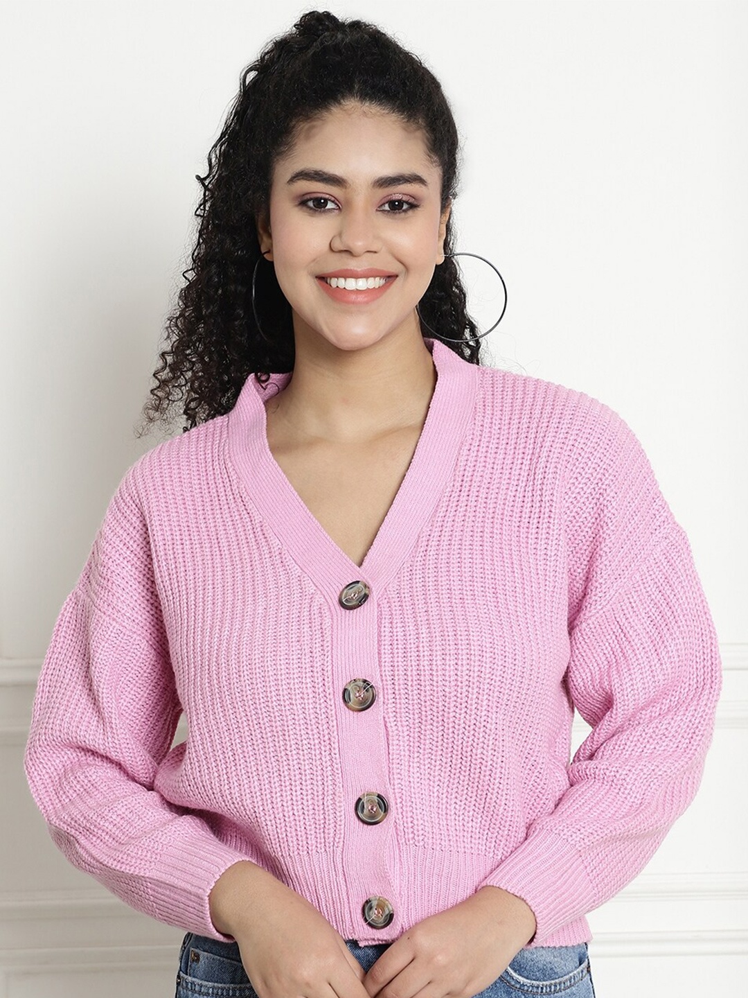 

NoBarr Cable Knit Acrylic Crop Cardigan Sweater, Pink