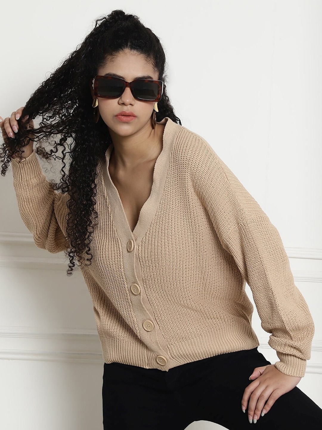 

NoBarr Ribbed Cotton Cardigan Sweater, Beige