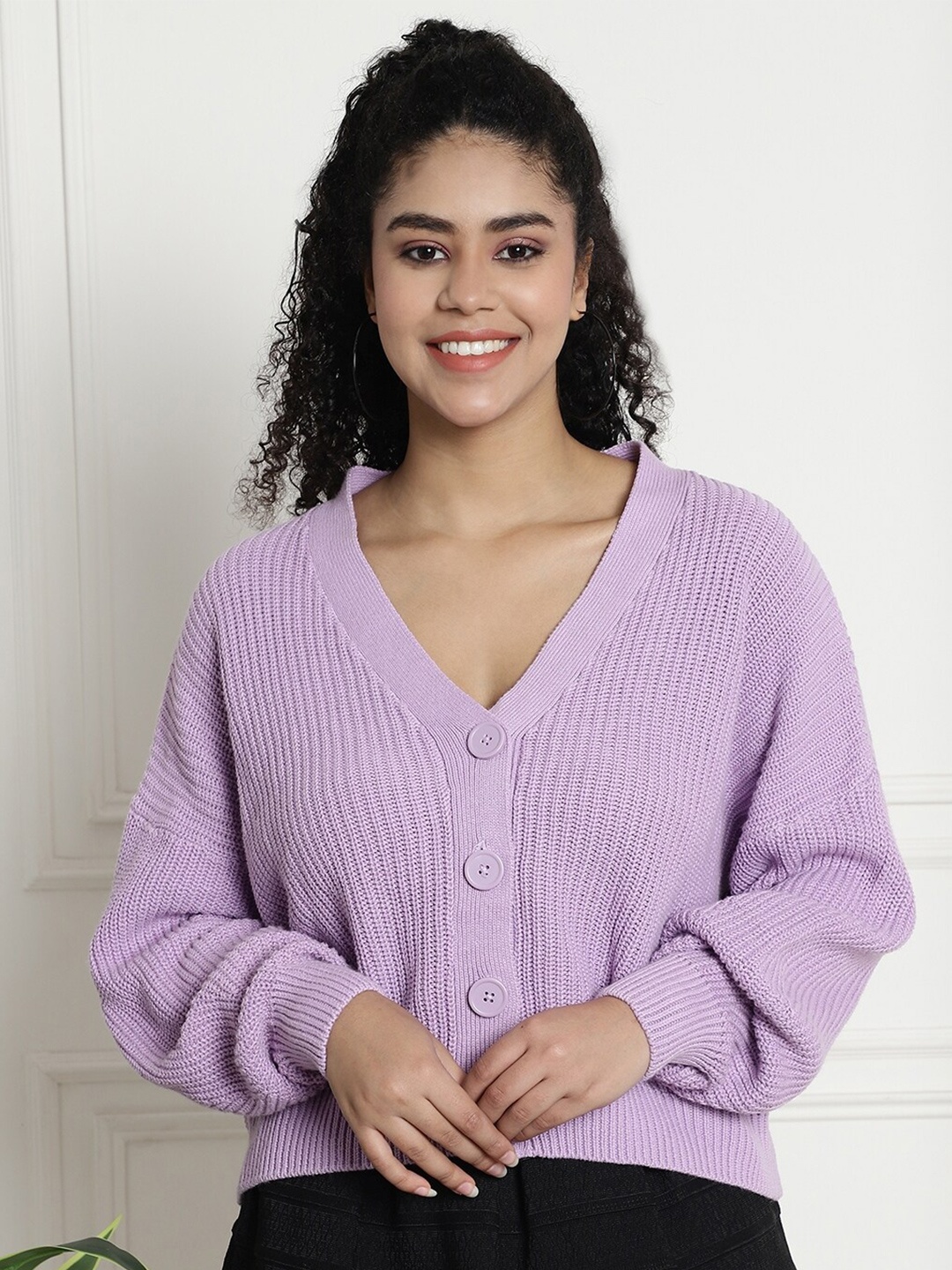 

NoBarr Ribbed Cotton Cardigan Sweater, Purple