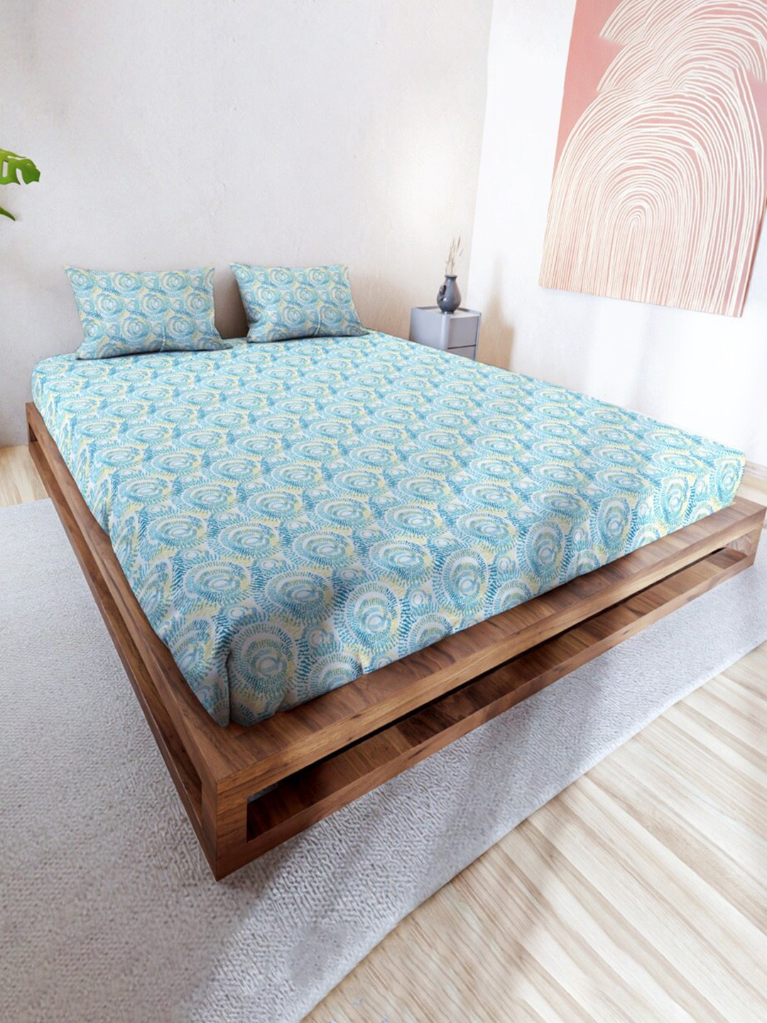 

MAYFAIR HOMES LONDON Rushmoor Blue Geometric Cotton 144 TC Queen Bedsheet & Pillow Covers