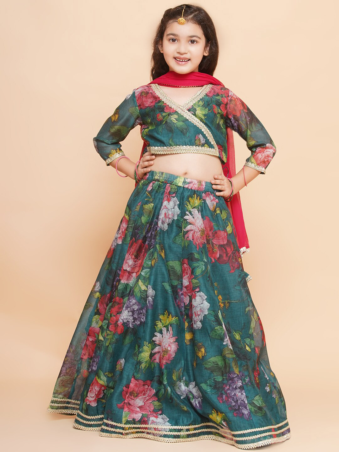 

Bitiya by Bhama Girls Floral Printed Sequined Ready to Wear Lehenga & Blouse With Dupatta, Green