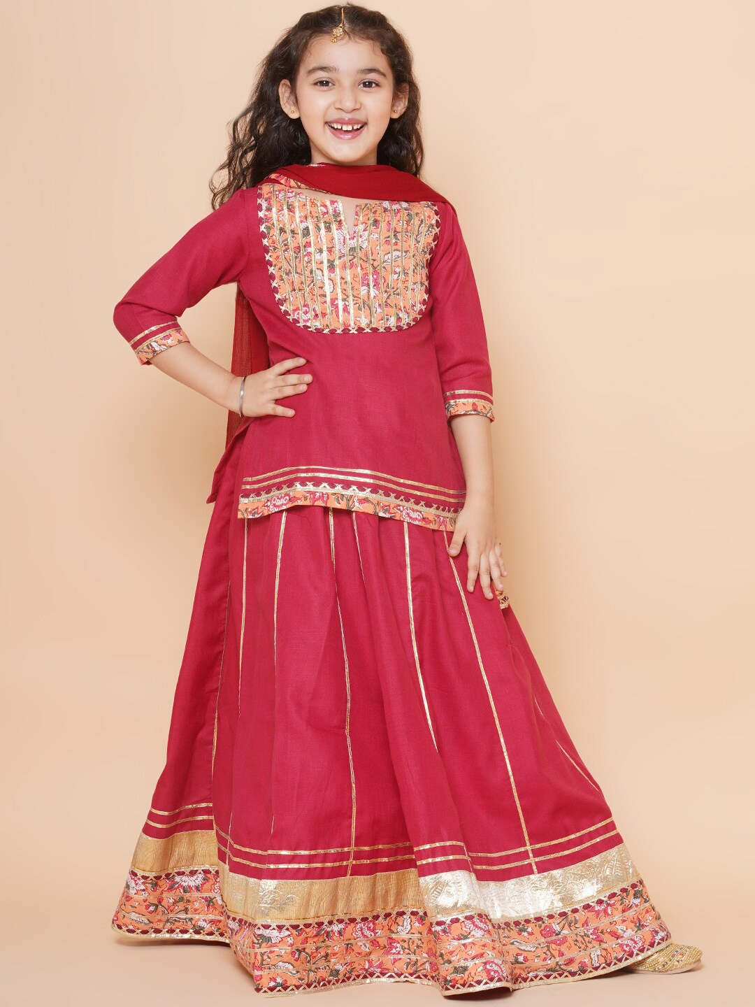 

Bitiya by Bhama Girls Embellished Patchwork Ready to Wear Lehenga & Blouse With Dupatta, Maroon