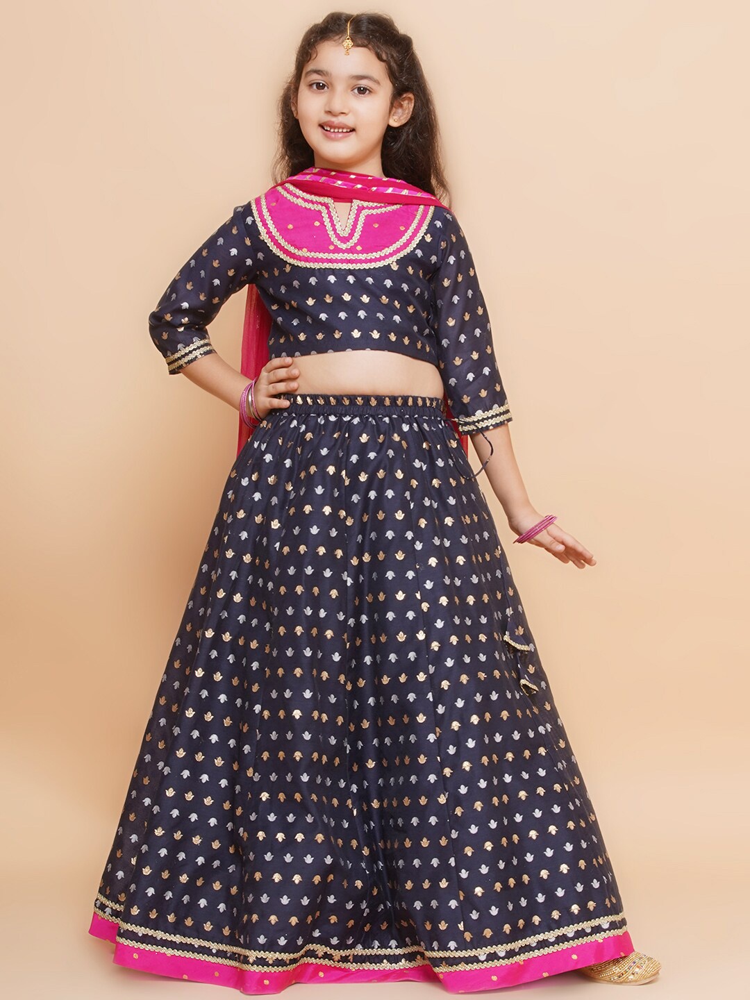 

Bitiya by Bhama Woven Design Round Neck Ready to Wear Lehenga & Blouse With Dupatta, Navy blue