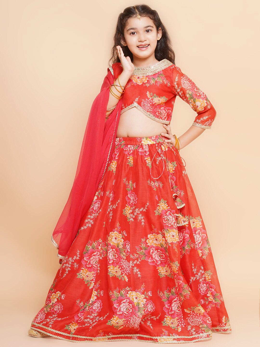 

Bitiya by Bhama Girls Floral Printed Sequined Ready to Wear Lehenga & Blouse With Dupatta, Red