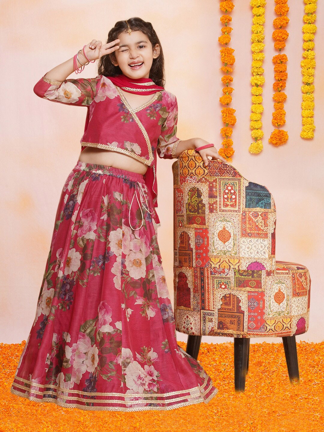 

Bitiya by Bhama Printed V-Neck Ready to Wear Lehenga & Blouse With Dupatta, Maroon